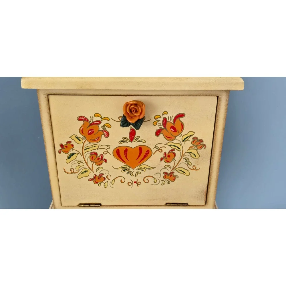 Vintage Hand Painted Floral Heart Wooden Jewelry Armoire Mini Vanity Chest 16in